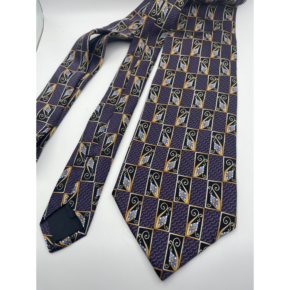 Jos A Bank Silk Tie Mens Purple Gold Geometric Art Deco Handsewn Made in USA